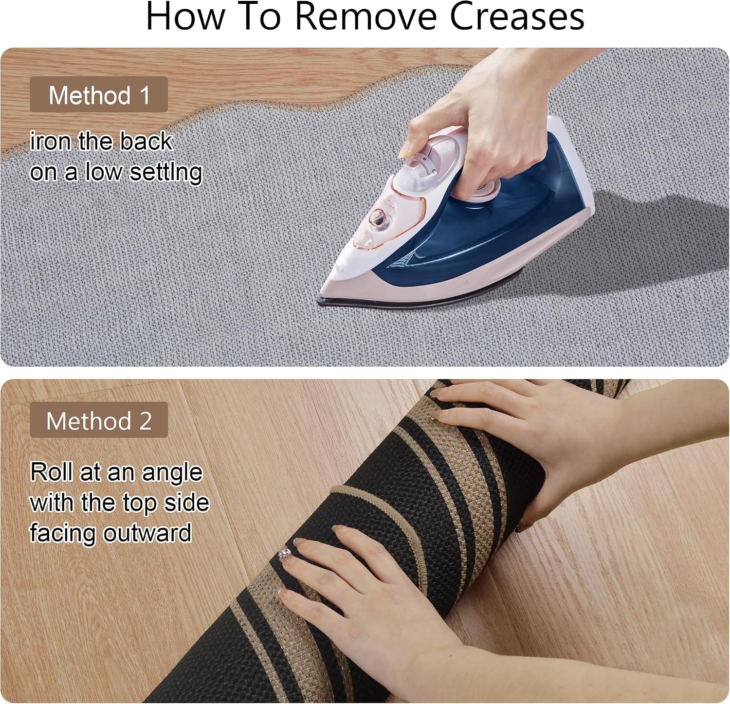 Two-step demo: top a hand ironing the back of a laid-out rug, bottom hands rolling a black striped rug at an angle.