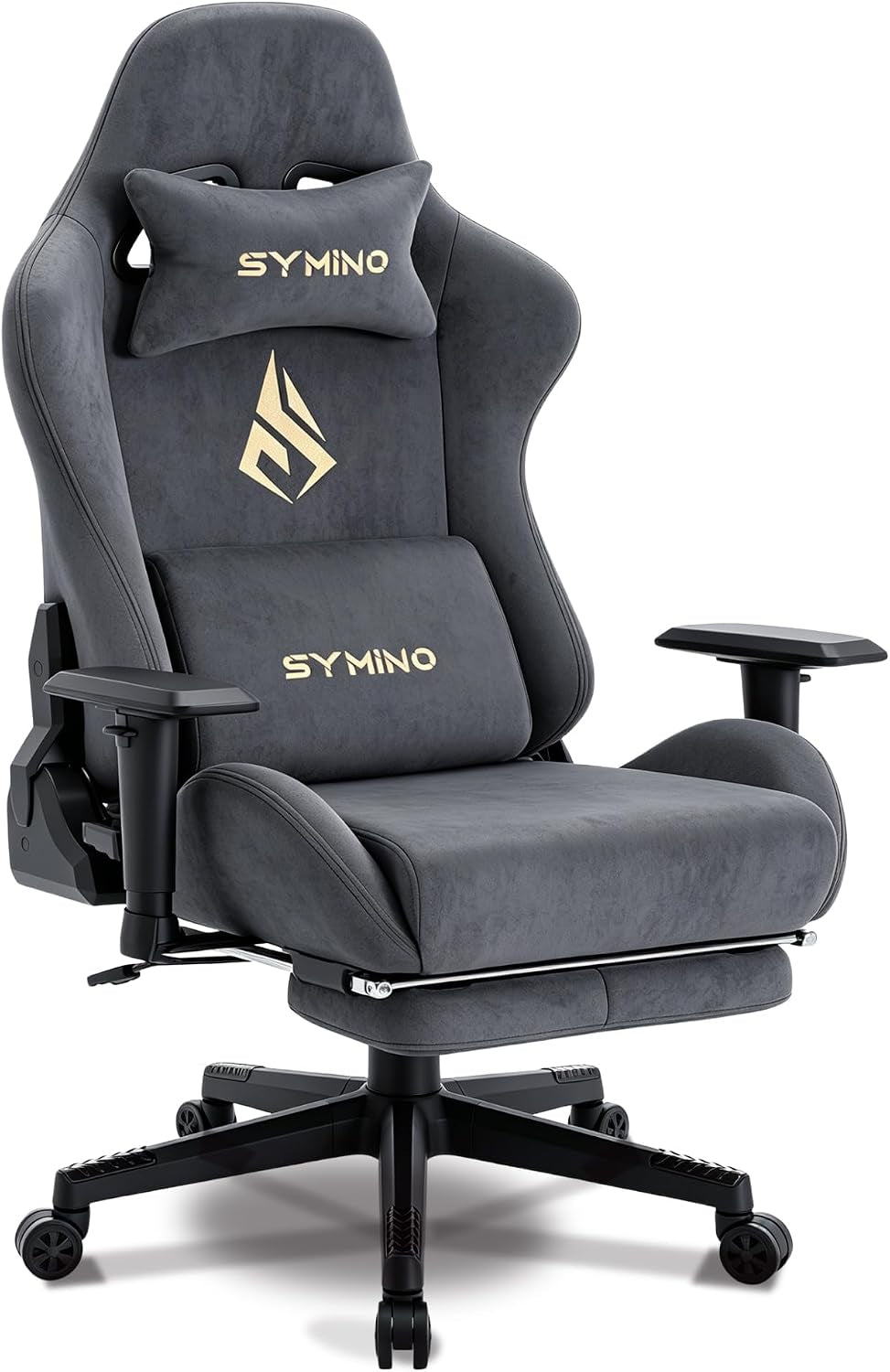 Front three-quarter view of a gray high-back gaming chair with head pillow, lumbar cushion, adjustable armrests, retractable