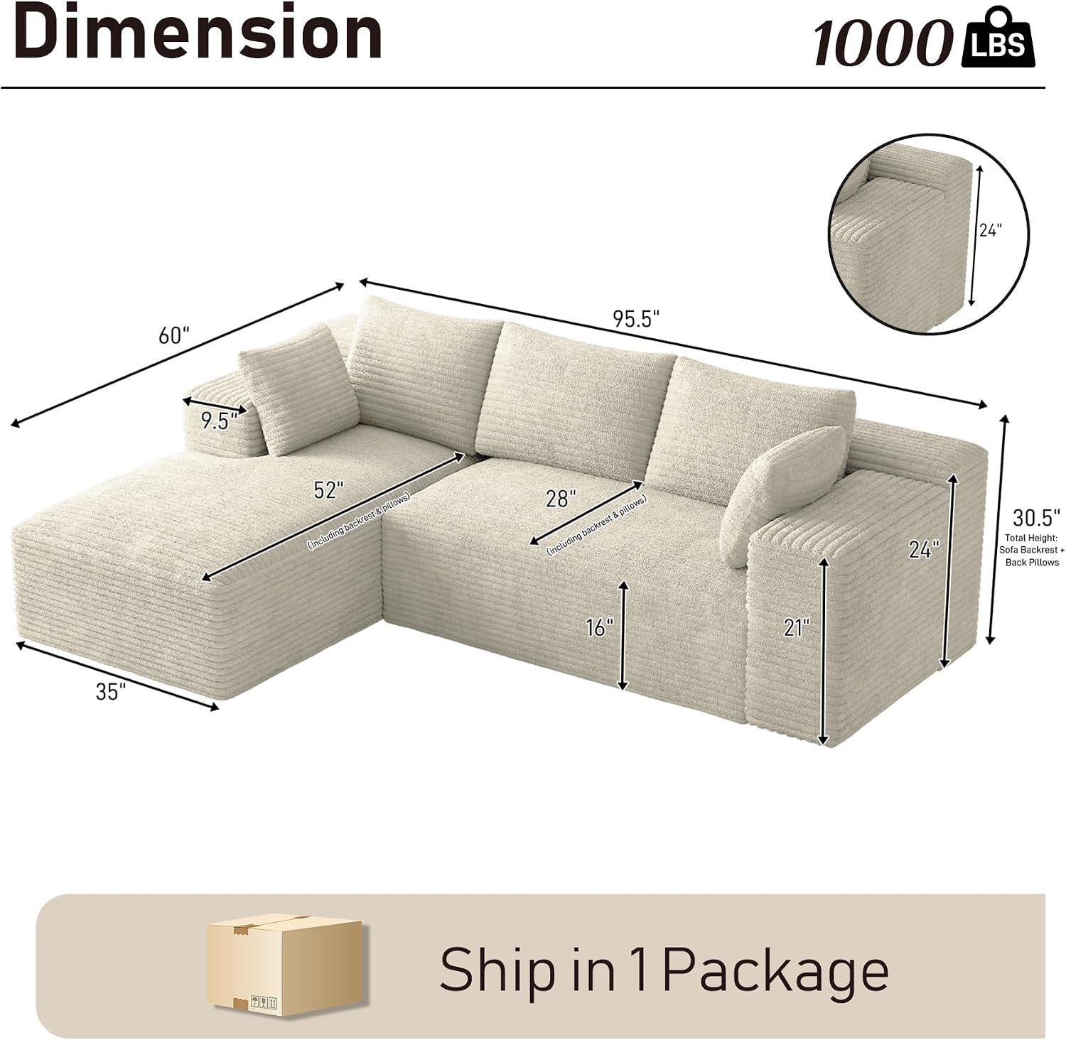 Isometric diagram of the L-shaped sectional showing multiple arrowed measurements and a small corner detail inset.