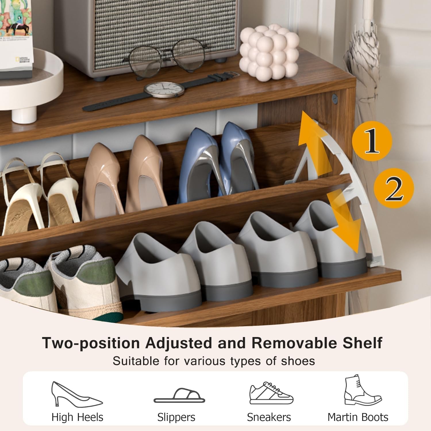 Close-up of two-position adjustable shelf hardware inside a flip drawer showing support for heels and sneakers