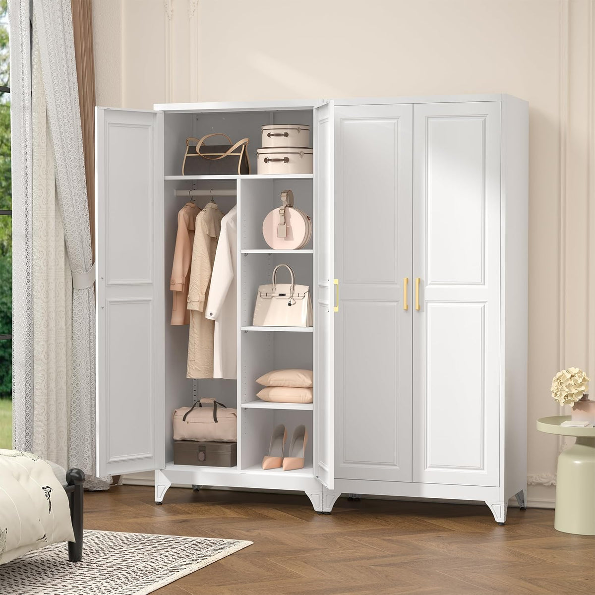 White wardrobe in a bedroom setting with open doors revealing hanging garments and bags on shelves