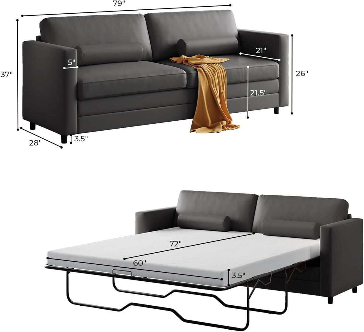 Dark grey sofa with graphic measurement callouts showing proportions and a solid metal pull-out frame