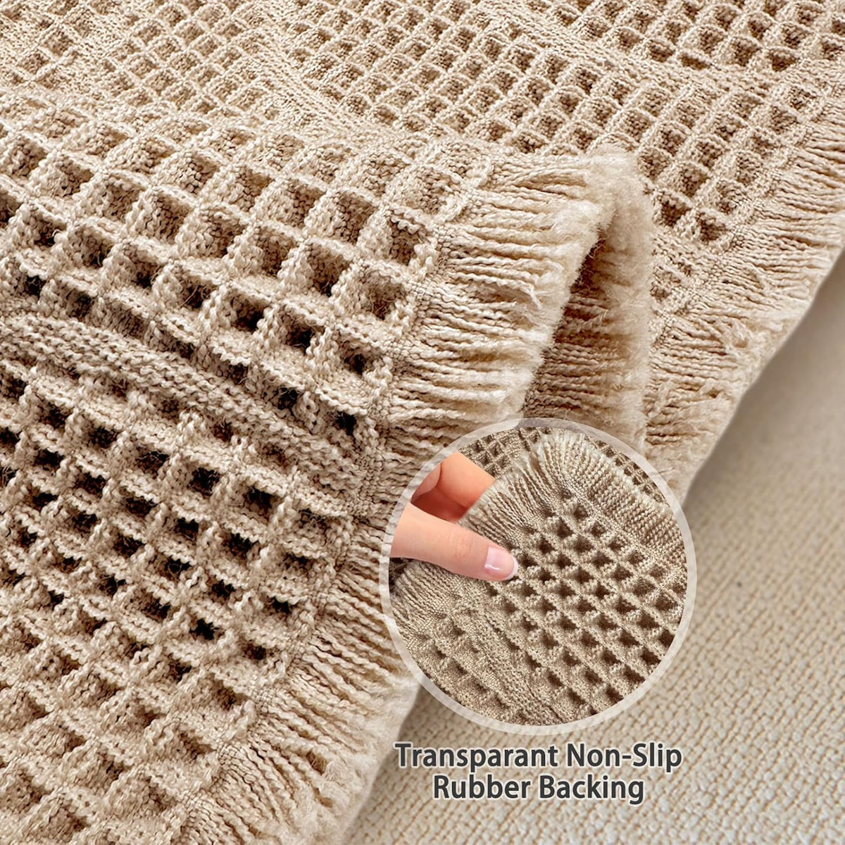 Close-up of the mat's waffle-like knit and fringed edge with a hand pinching the material in a circular inset