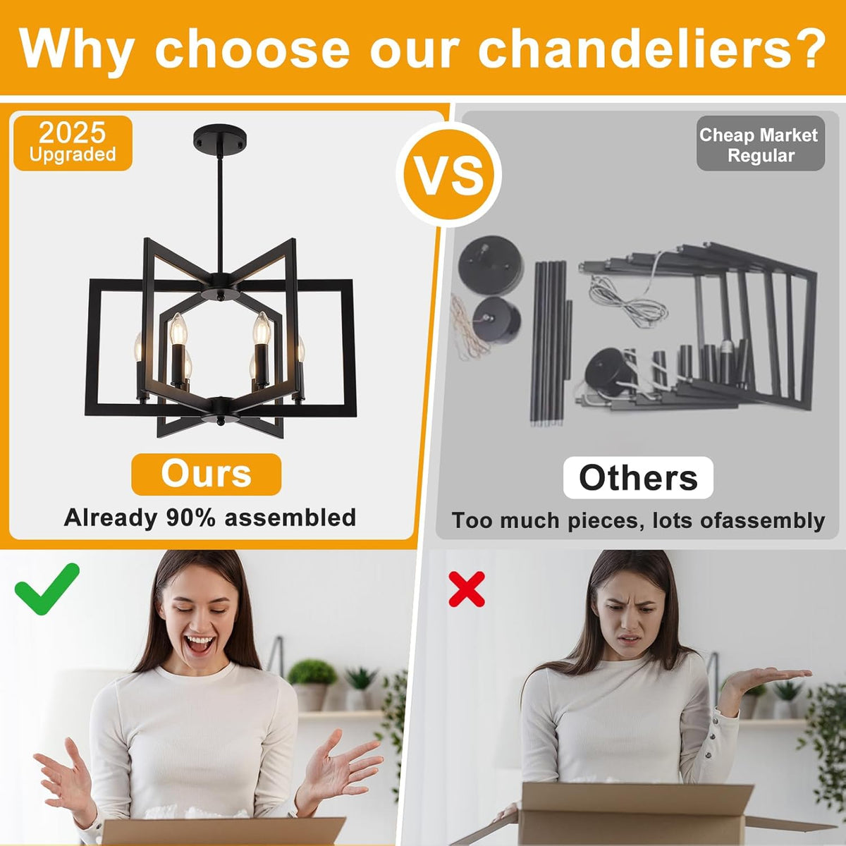 Side-by-side images: excited woman opening a box on left, frustrated woman on right, chandelier comparison above.
