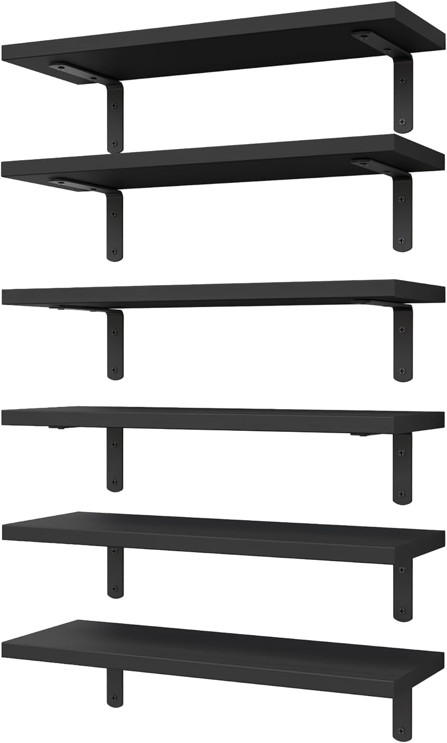 Six black floating shelves stacked vertically, each with a black metal L-bracket on a white background.