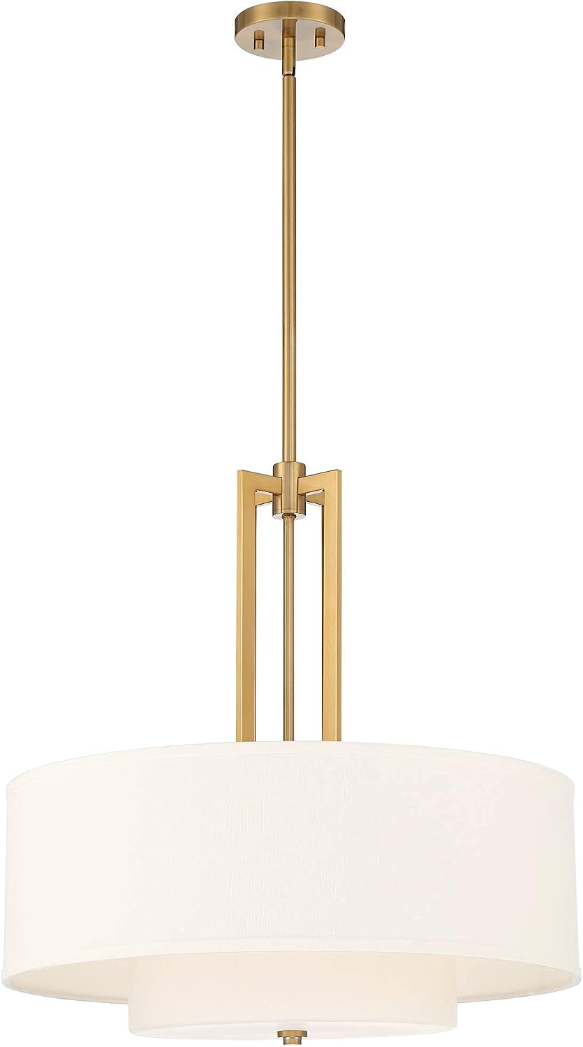 Angled shot of the gold pendant highlighting the layered double shade and straight suspension rod