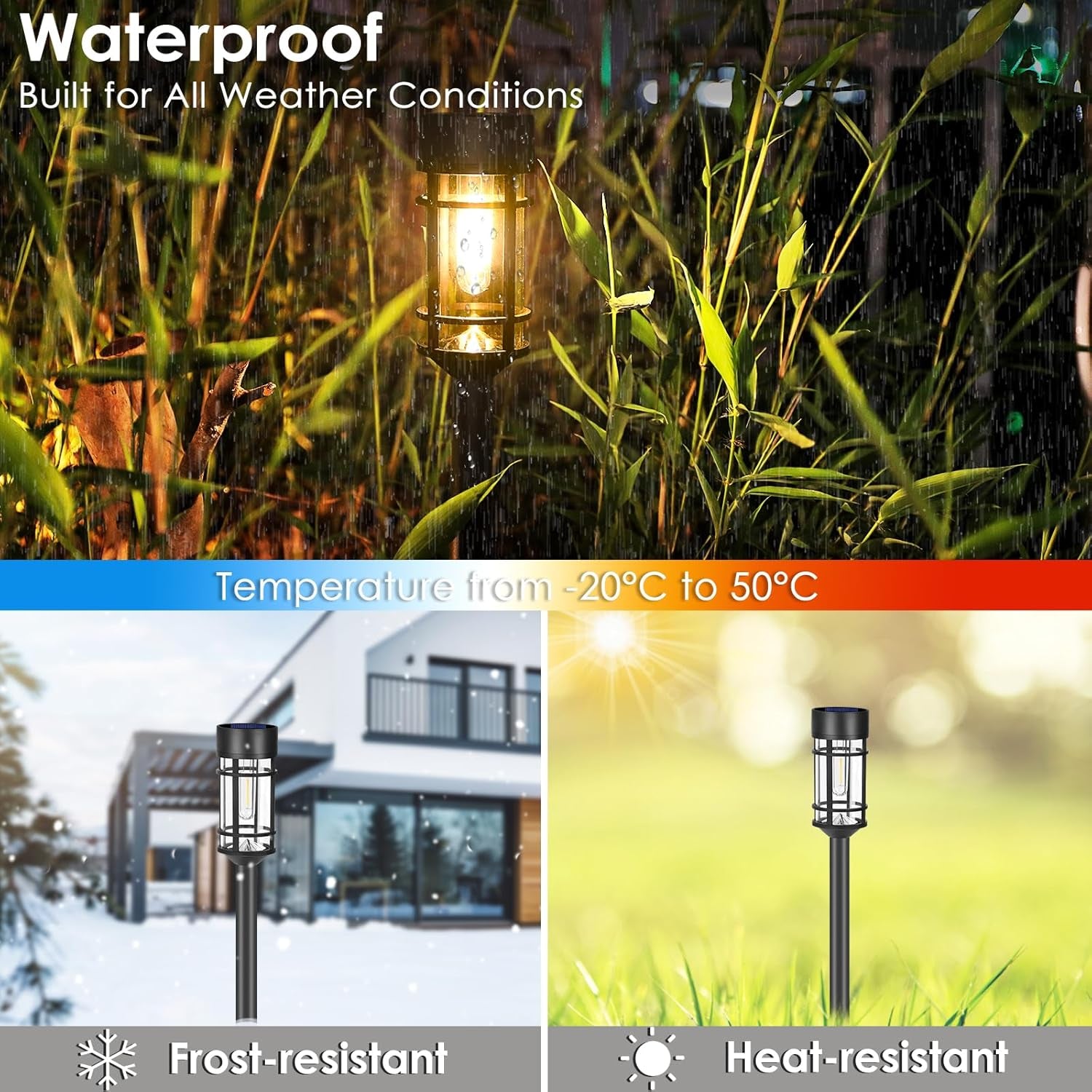 Solar pathway light illuminated in heavy rain with additional panels indicating frost- and heat-resistant performance