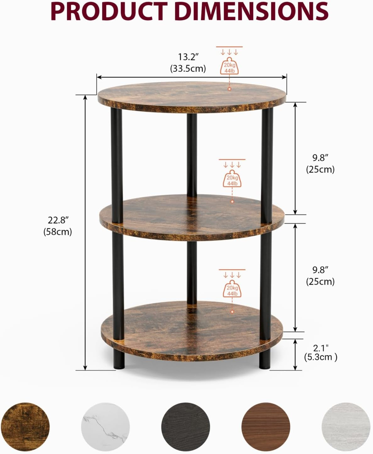 Front view diagram of the three-tier round table with height and shelf spacing measurements.