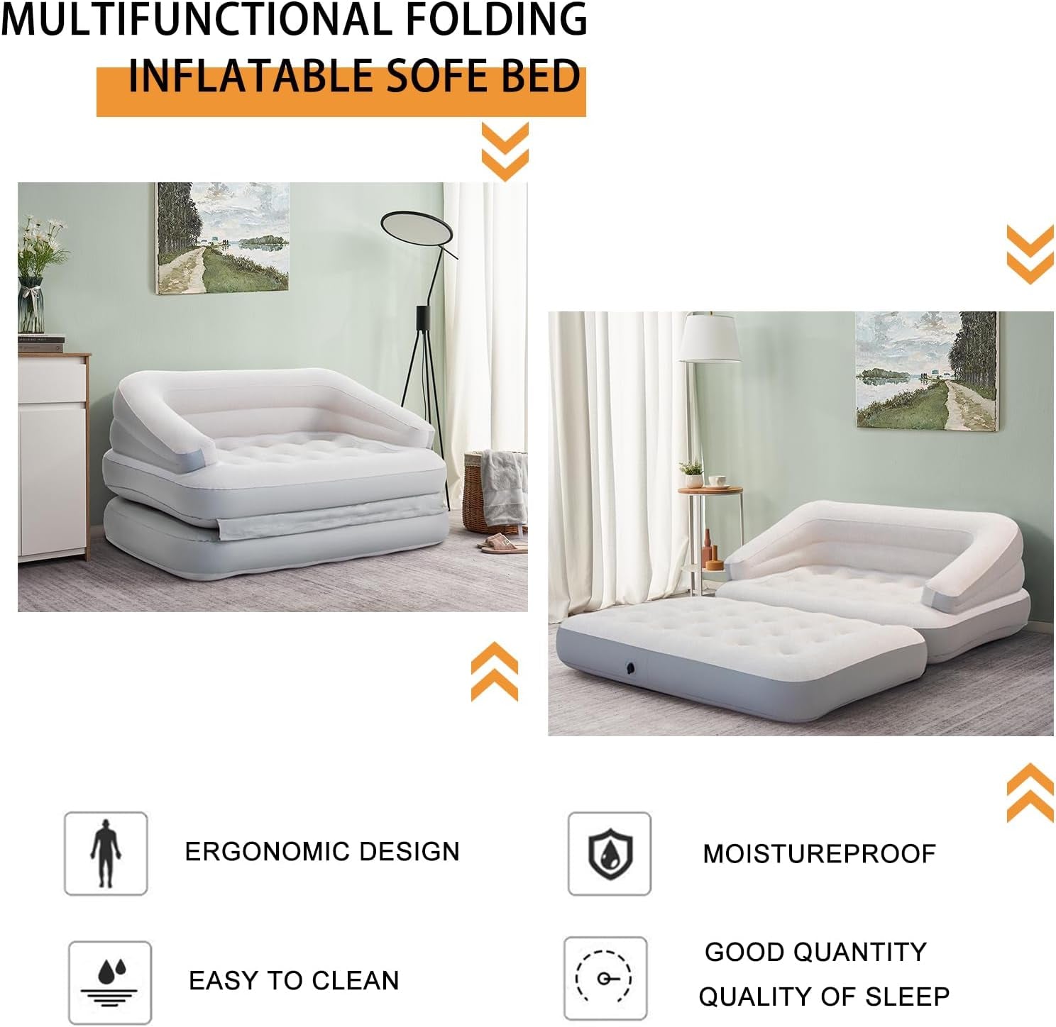 Two views of the multifunctional folding inflatable sofa bed shown in a room and unfolded configuration