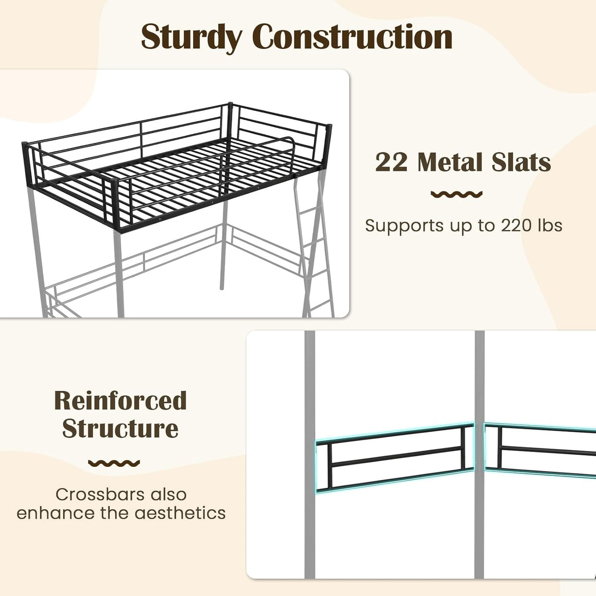 Close-up illustration of the loft bed's metal top frame and horizontal slats with corner guardrails.