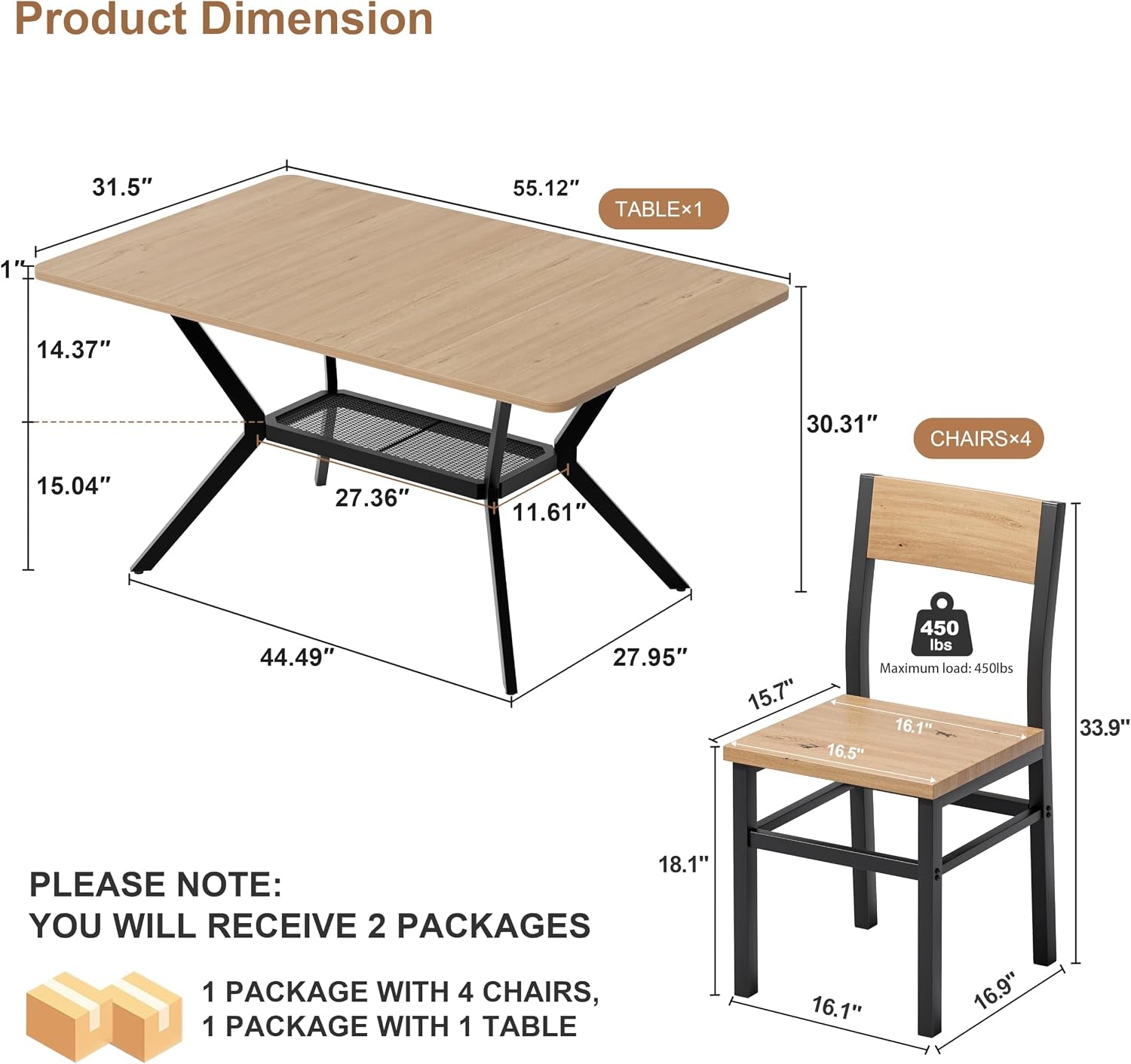 Dimension diagram showing table and chair measurements with mesh shelf and overall dimensions labeled