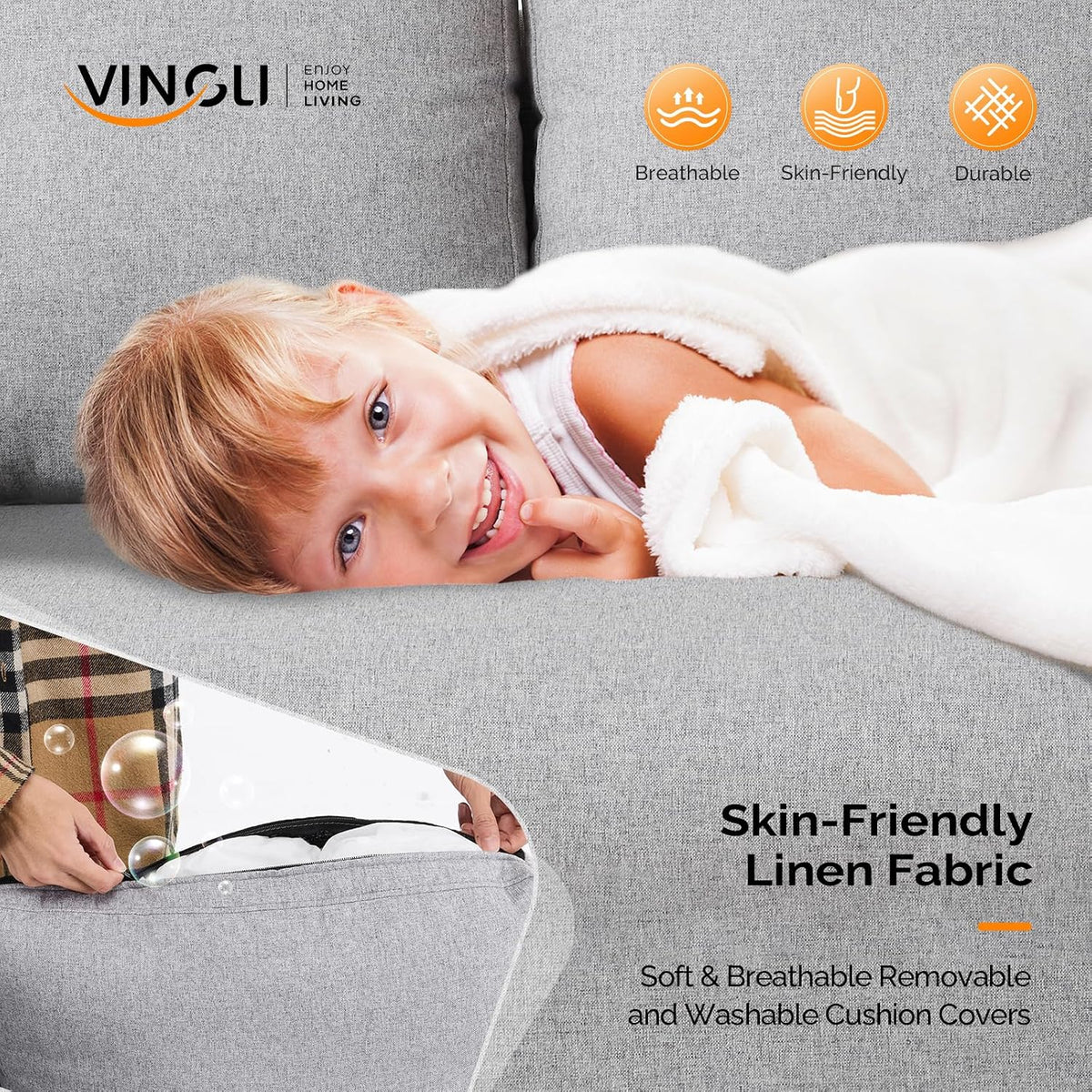 Close-up of linen cushion cover being unzipped with a child reclining on the seat to show fabric texture