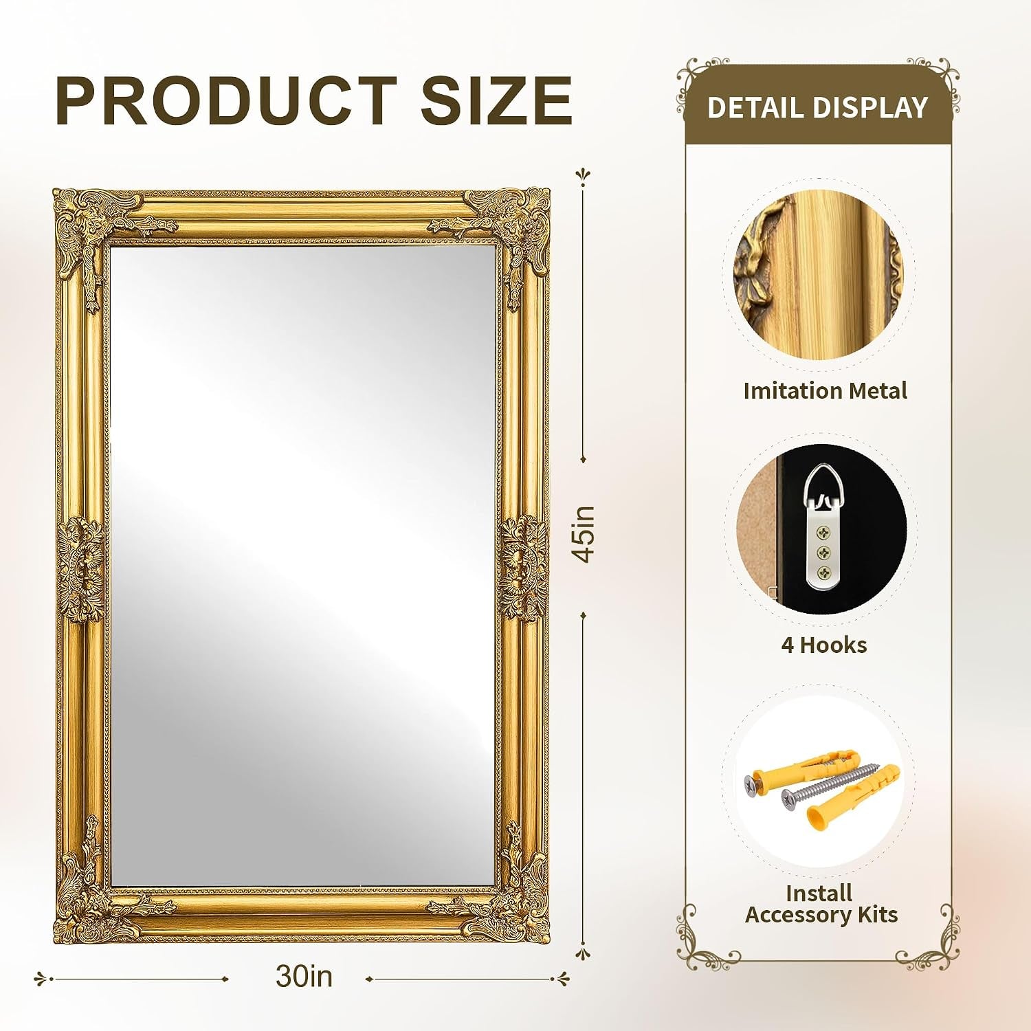 Rectangular mirror product size diagram showing 45 x 30 inch dimensions with hardware and install accessory detail