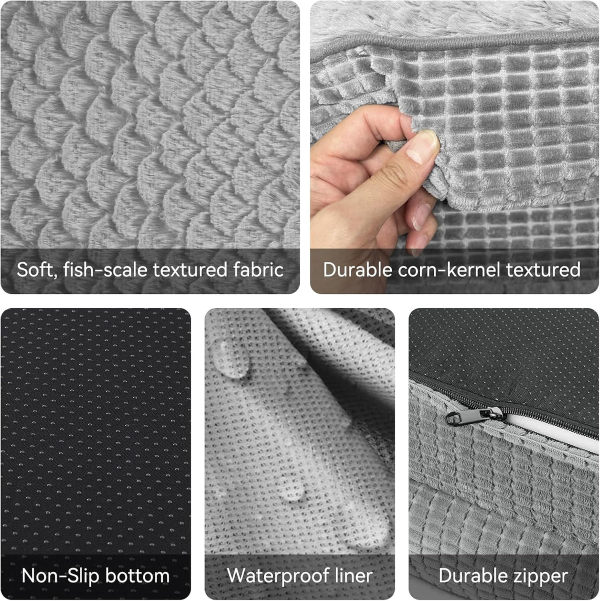 Six small close-up panels showing textured gray fabrics, non-slip dots, waterproof liner and zipper details.