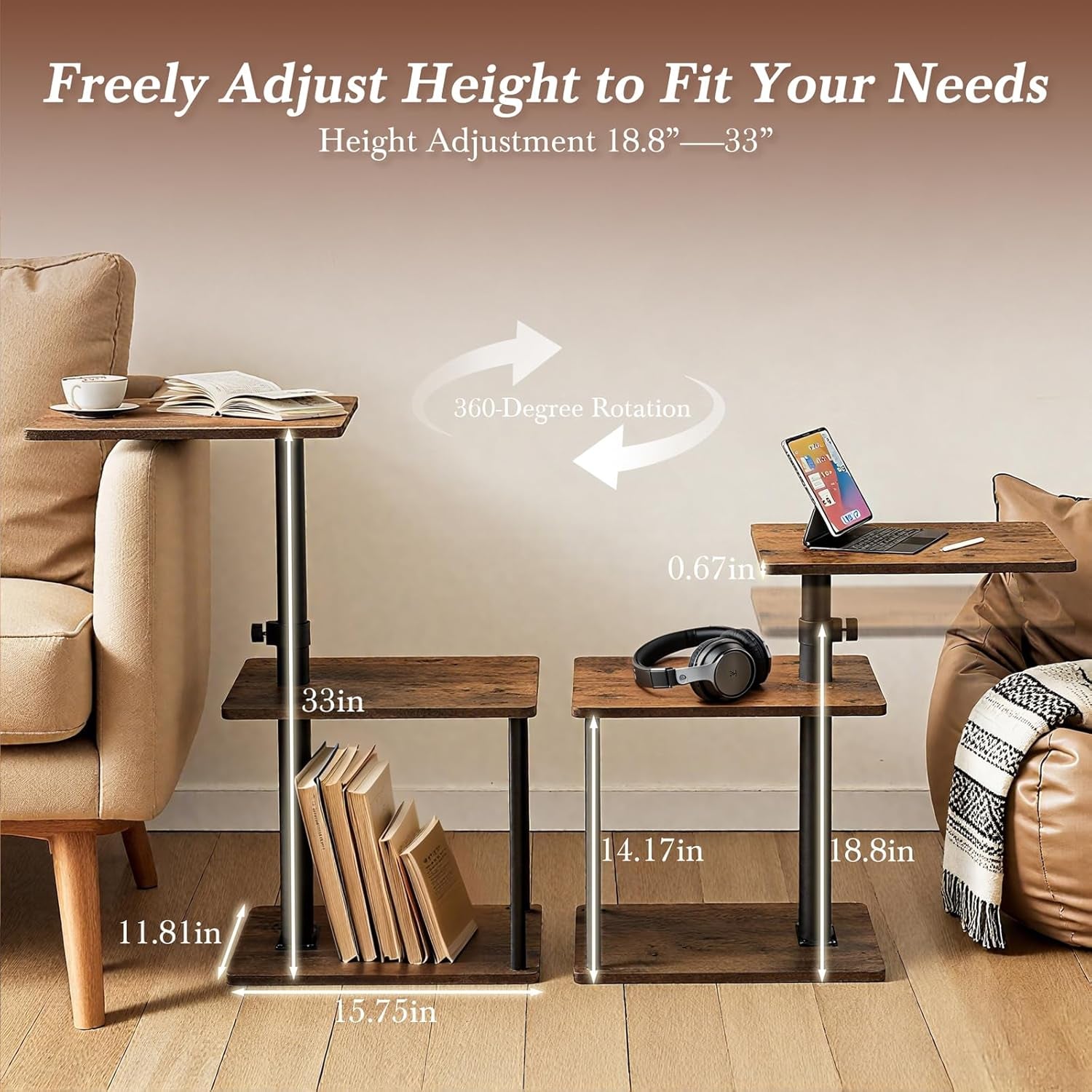Two height settings of the side table shown with measurements overlay, front view showing 360° rotation and height range