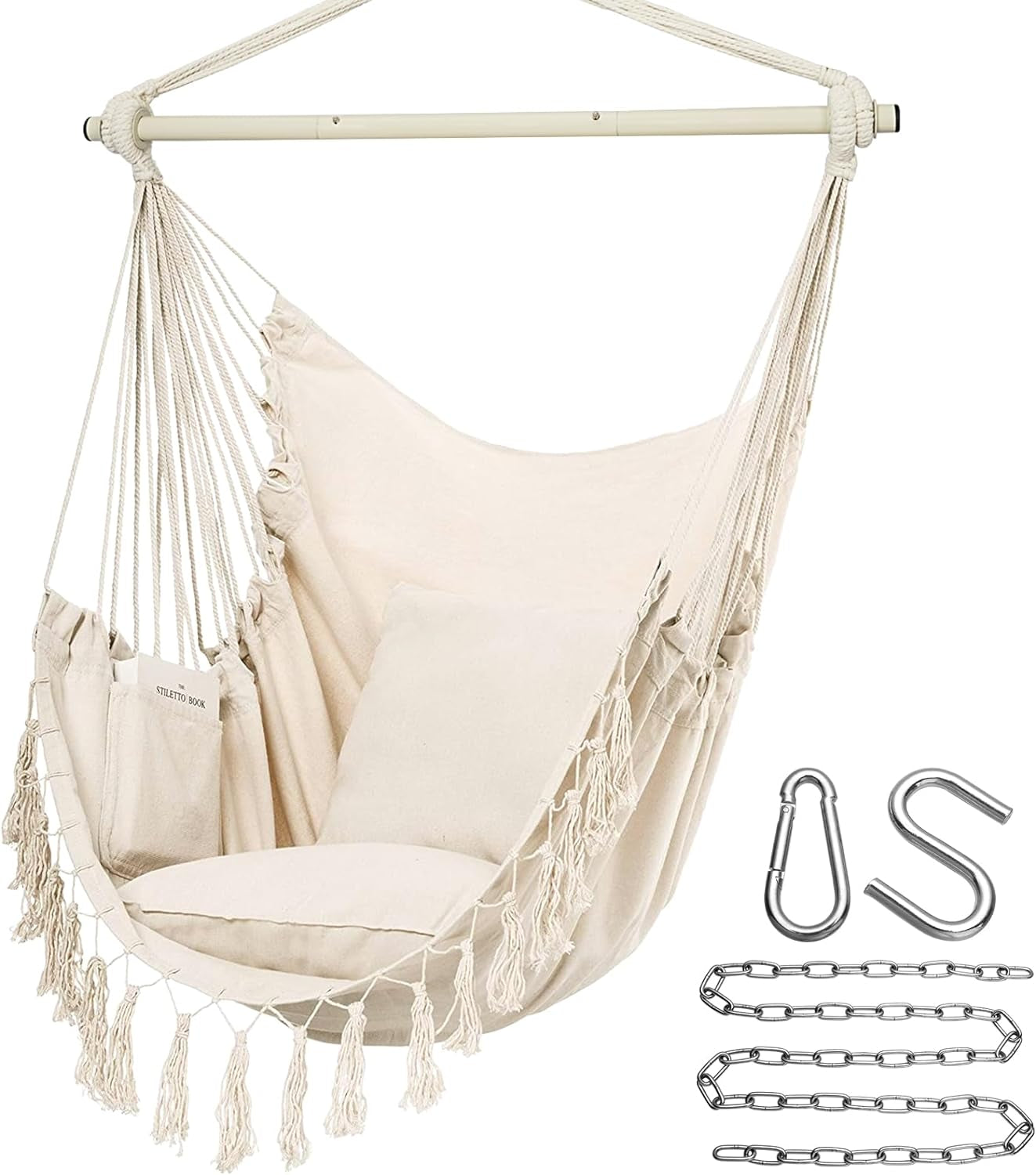 Cream-colored macrame hanging chair with tassels, cushion and side pocket, plus metal chain and hooks