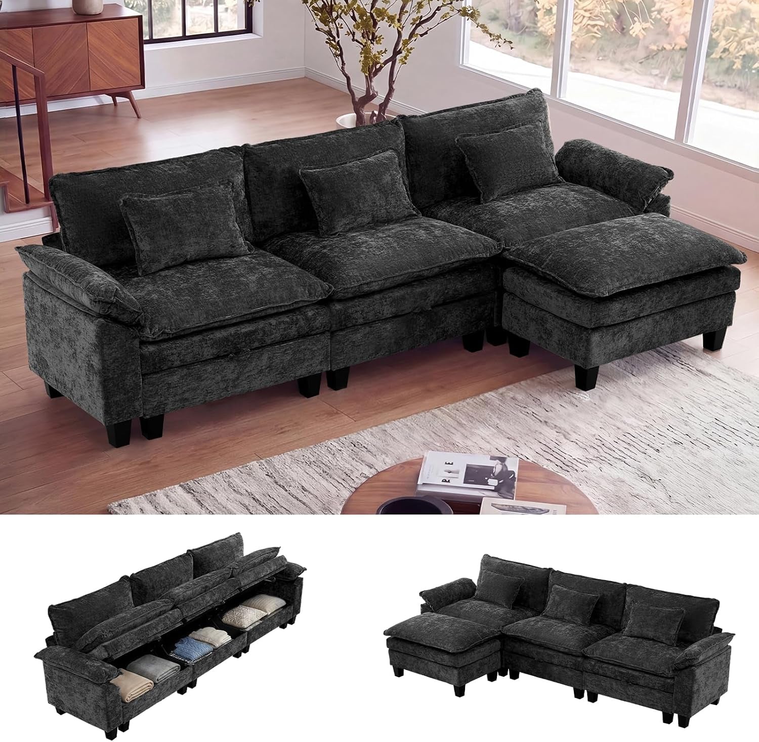 Deep charcoal/black modular sectional shown in a living room with storage compartments visible in thumbnails