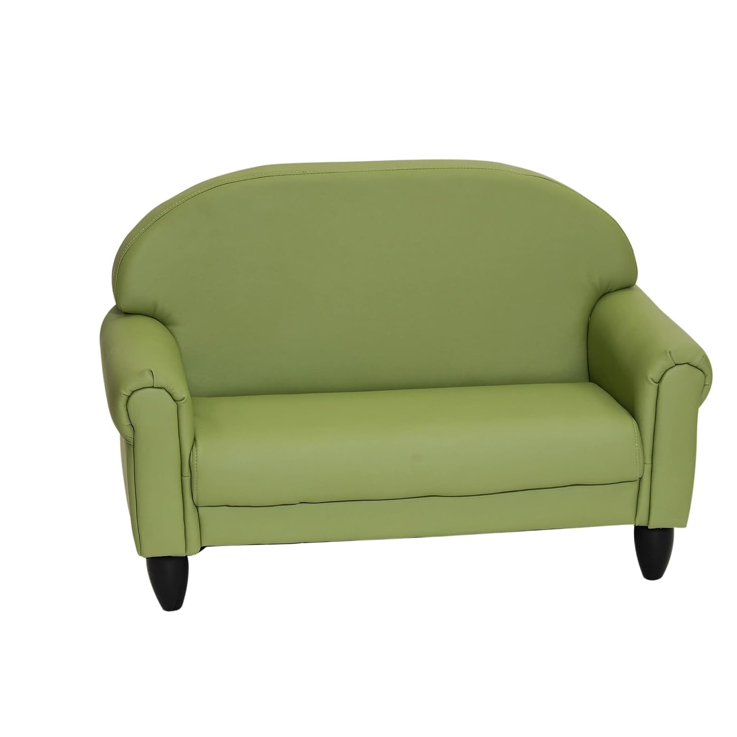 Three-quarter view of a green kids two-seat sofa with rounded arms