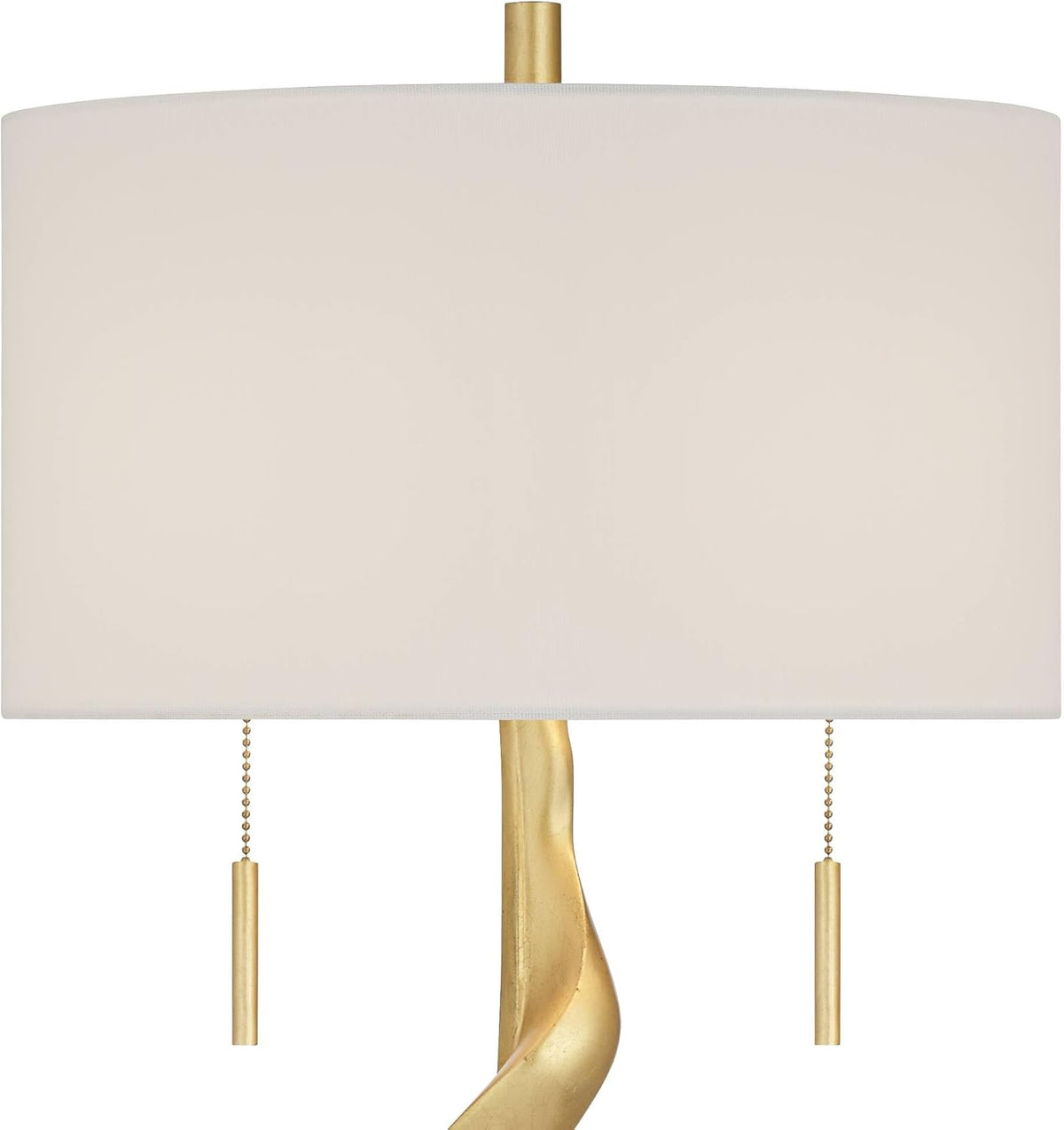 Cropped front view of the off-white drum shade top with a small gold finial and two slim gold chain pulls visible below.