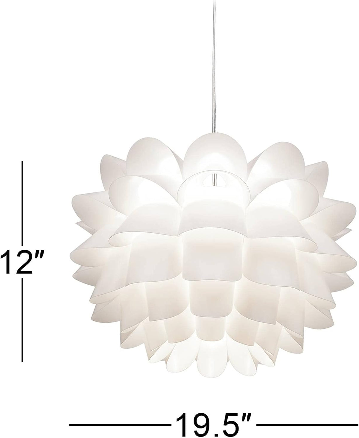White floral pendant with graphic size markers showing 12-inch height and 19.5-inch width