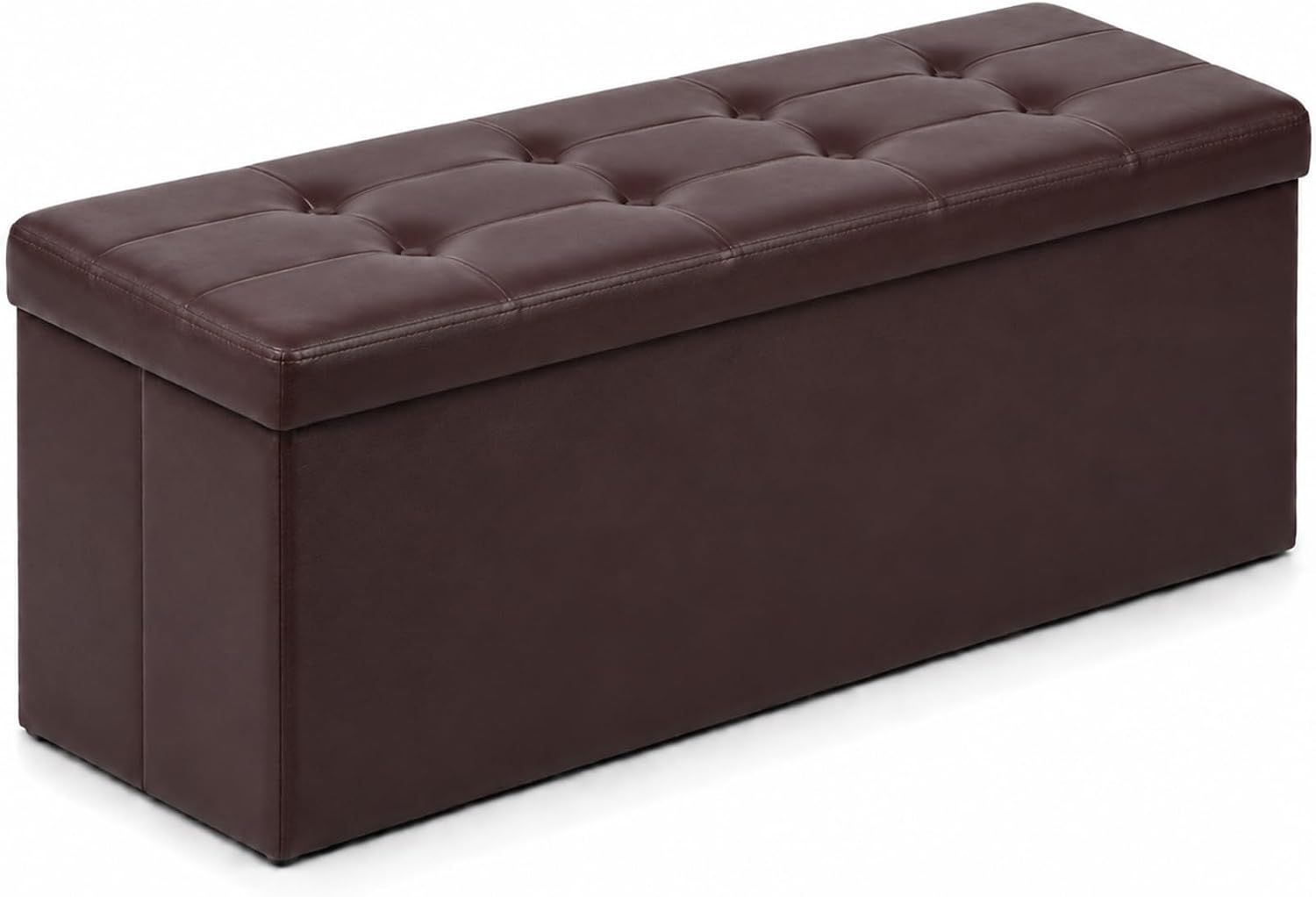 Long rectangular tufted storage bench in dark brown shown at a slight angle
