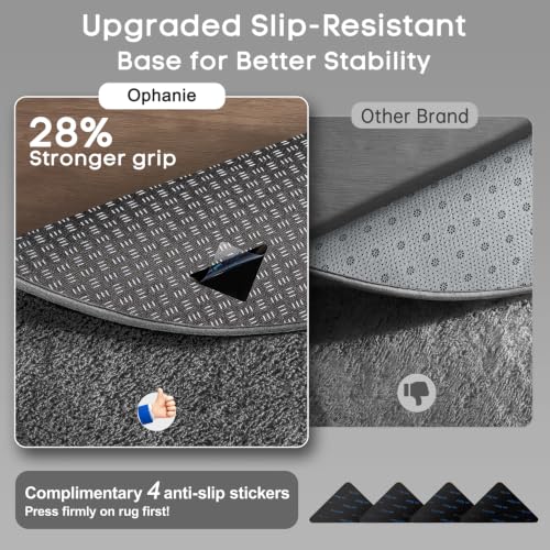 Split graphic comparing the rug's textured slip-resistant backing with a smoother other-brand backing, plus four black