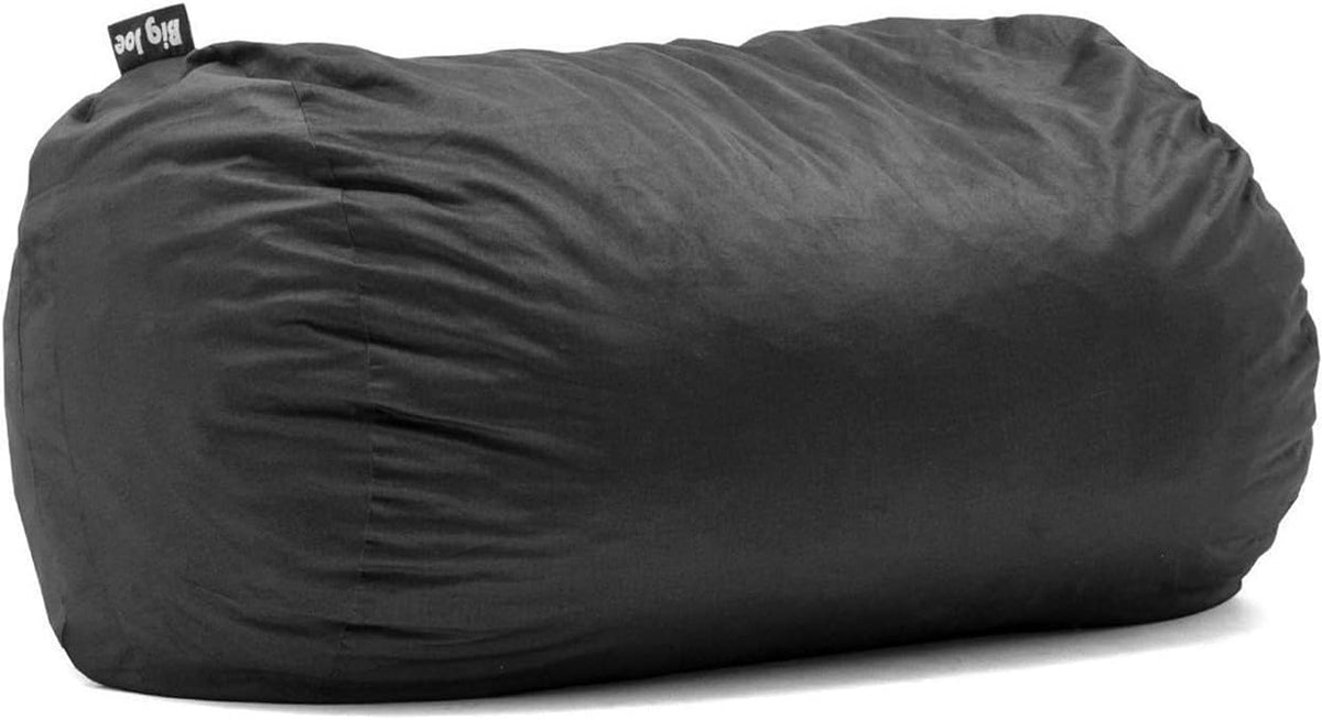 Side view of a long black cylindrical cover stuffed into an oversized bean bag shape