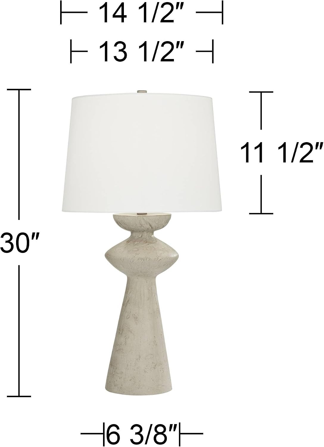 Front view with dimensions overlay showing 30-inch height, shade and base measurements
