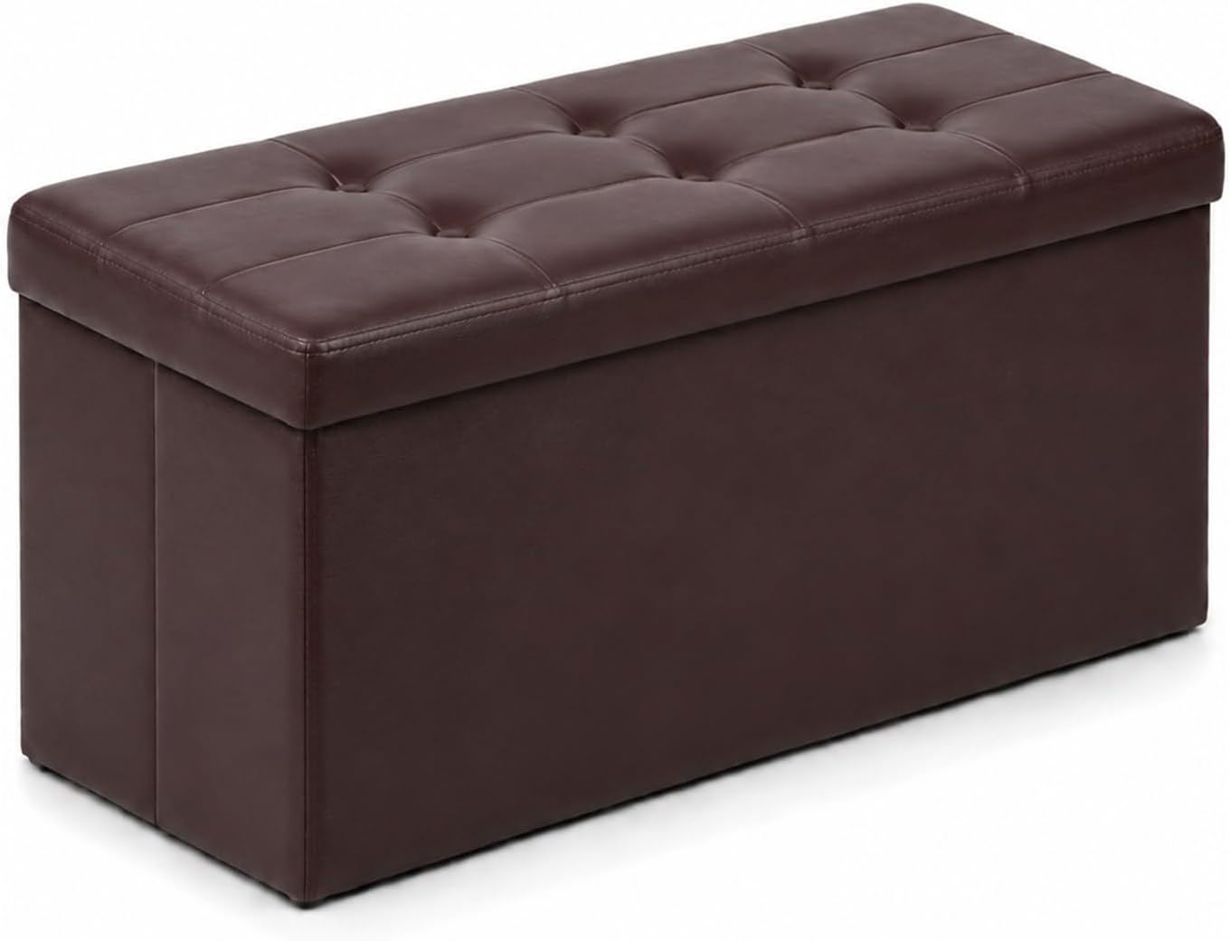 Rectangular tufted storage bench in dark brown shown closed at a three-quarter angle