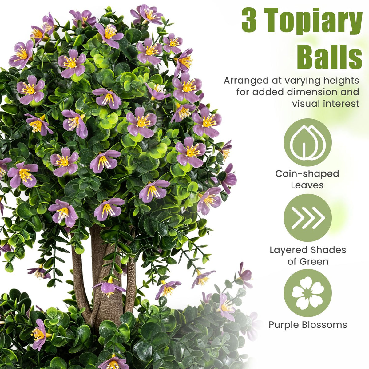 Close-up of dense rounded green foliage dotted with purple and yellow flowers.