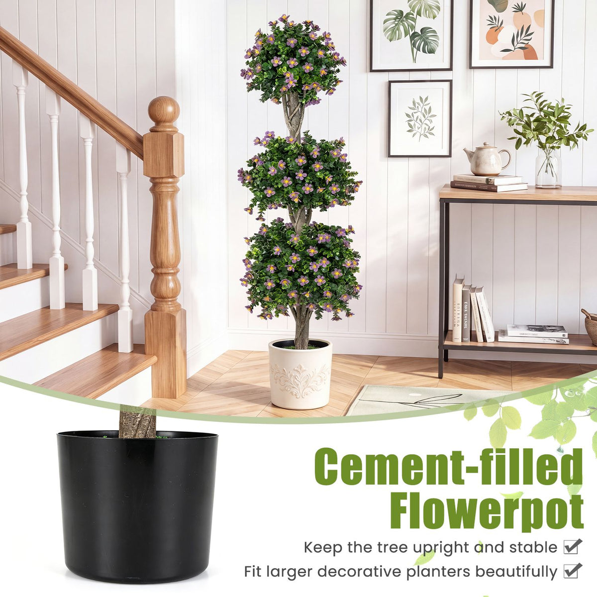 Three-tier flowering topiary by a staircase, with an inset view of its black pot.