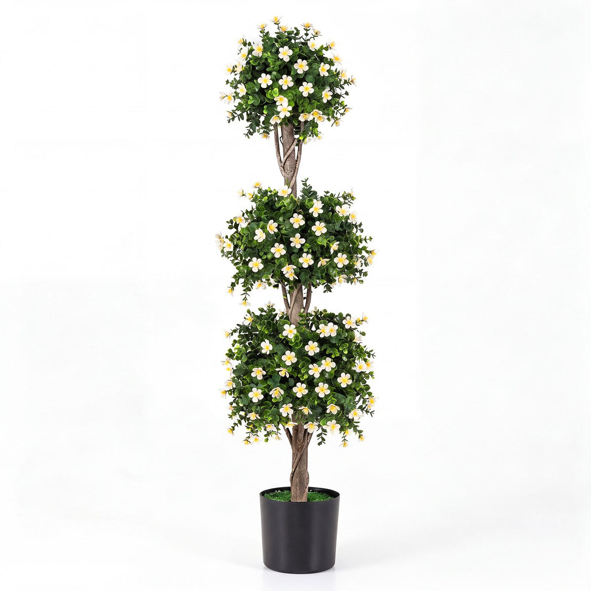 Three-ball topiary with white and yellow flowers in a black pot against a white background