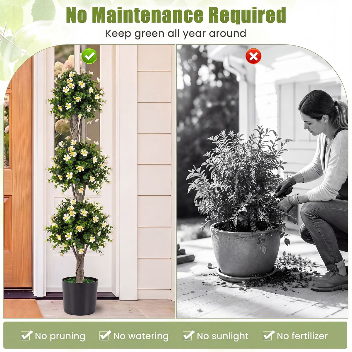 Color image of the potted topiary beside a grayscale scene of someone trimming a different plant.
