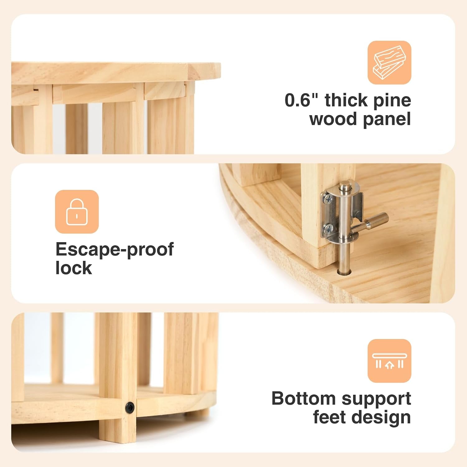Close-up collage showing pine tabletop edge, metal door latch, and bottom support feet on the round pet crate