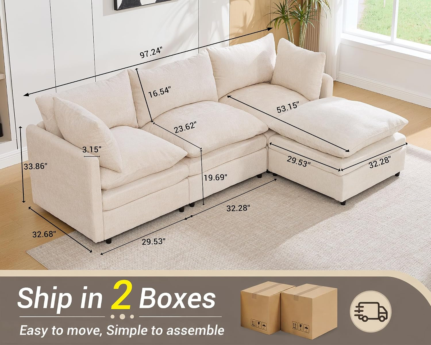 Dimension diagram for a cream L-shaped three-seat sectional with right-side ottoman.