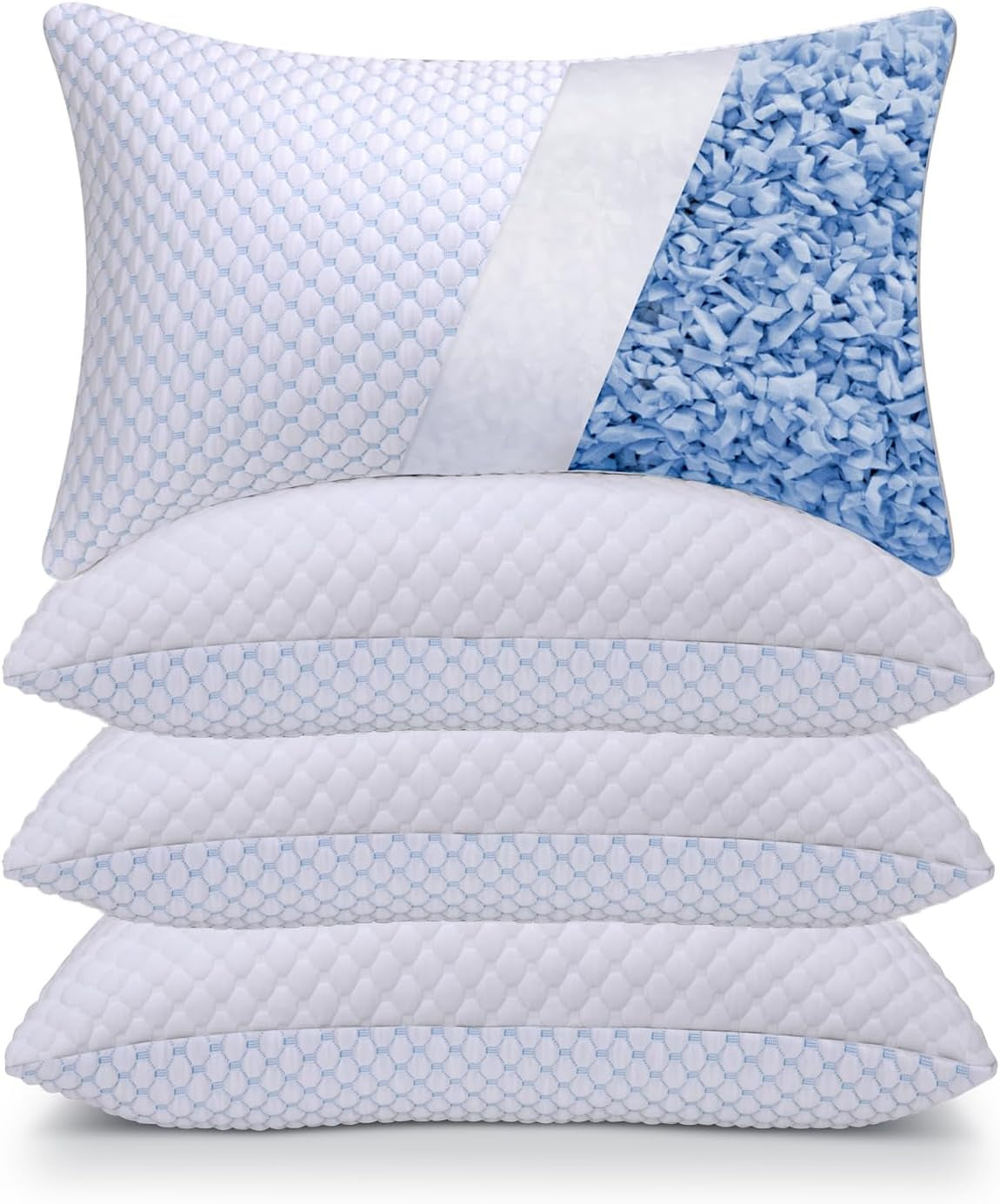 Three white quilted pillows stacked vertically showing honeycomb pattern and light-blue piped edges.