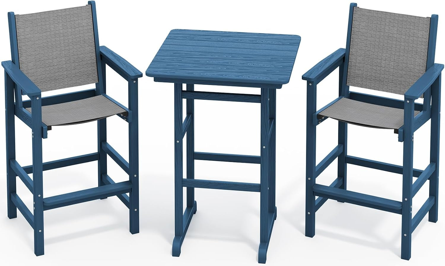 Three-piece pub set: square bar table flanked by two armchairs with blue frames and gray fabric seats.