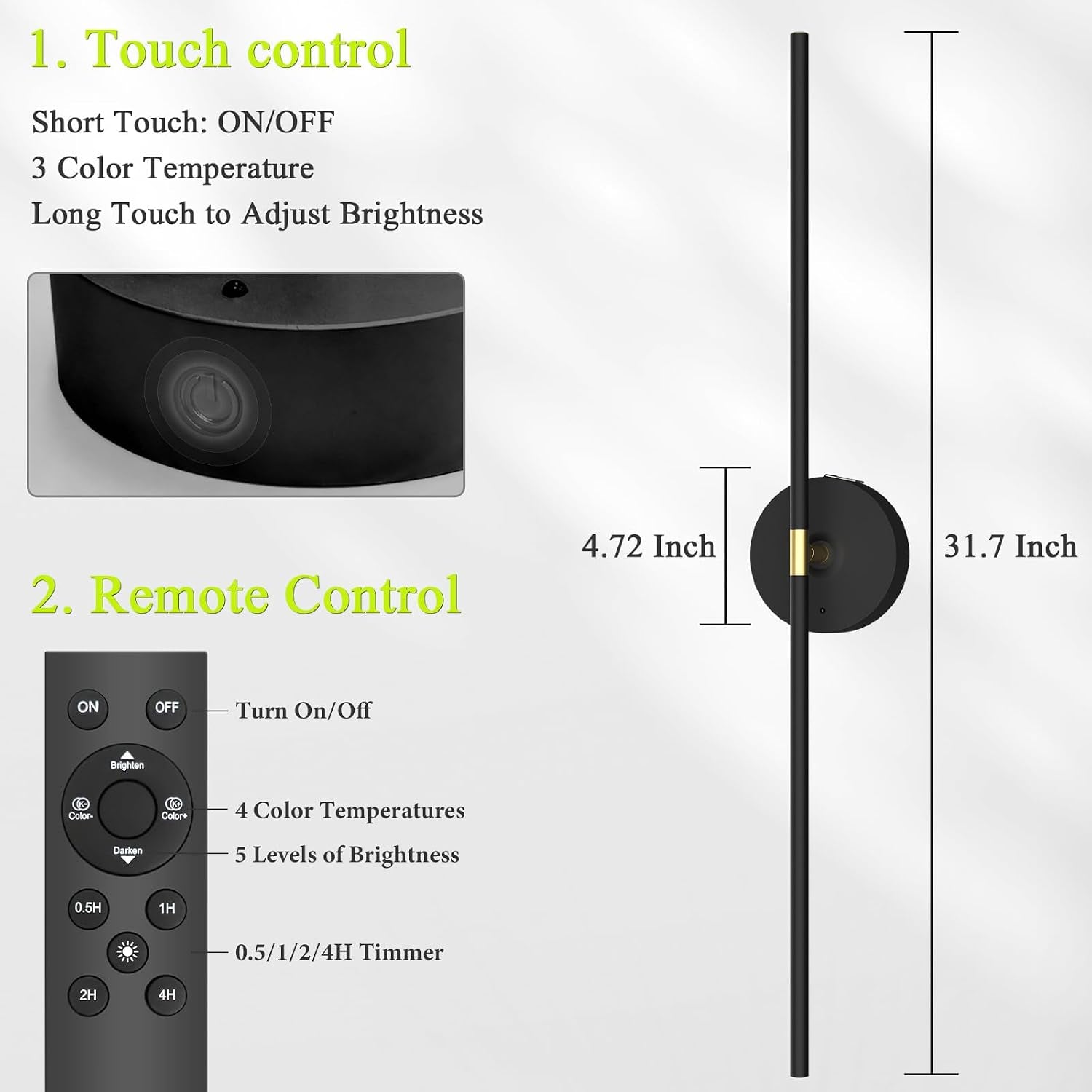 Diagram and close-up showing a vertical black wall sconce with dimensions and a remote illustration.