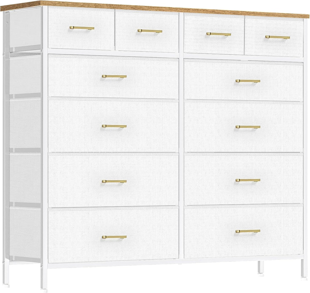 Front view of a white fabric drawer dresser with a wood-tone top