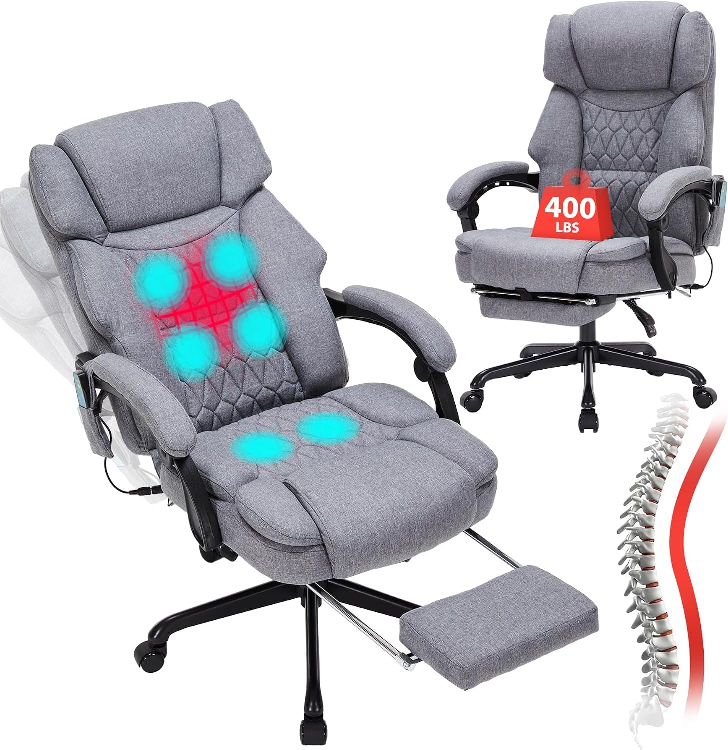 Light gray fabric reclining office chair with footrest and highlighted massage nodes on cushion