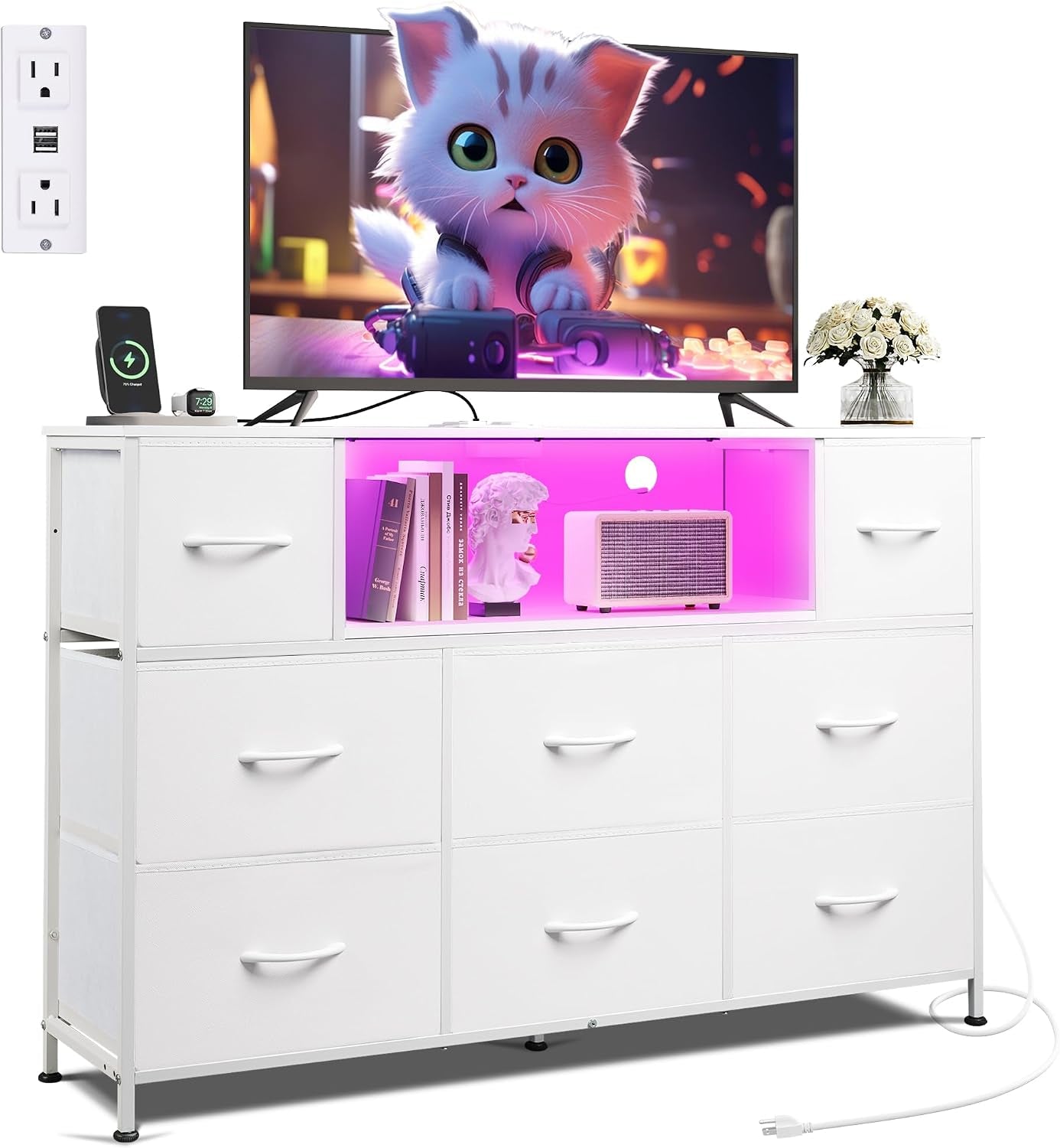 Front view of a white 8-drawer dresser with pink LED-lit center cubby and a TV on top