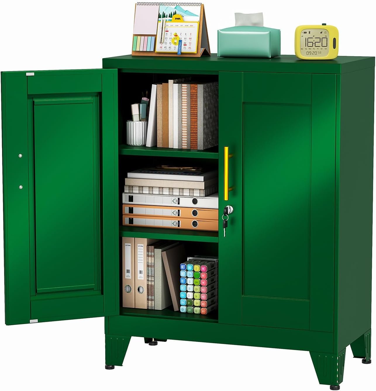 Green metal locker with both doors open revealing three shelves filled with books, files, and office supplies
