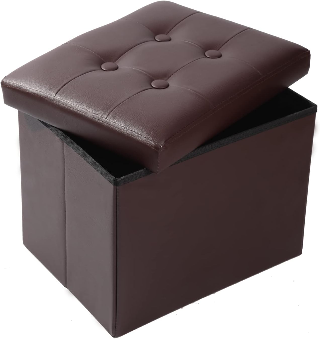 Square ottoman with tufted removable lid lifted to show black fabric-lined storage interior
