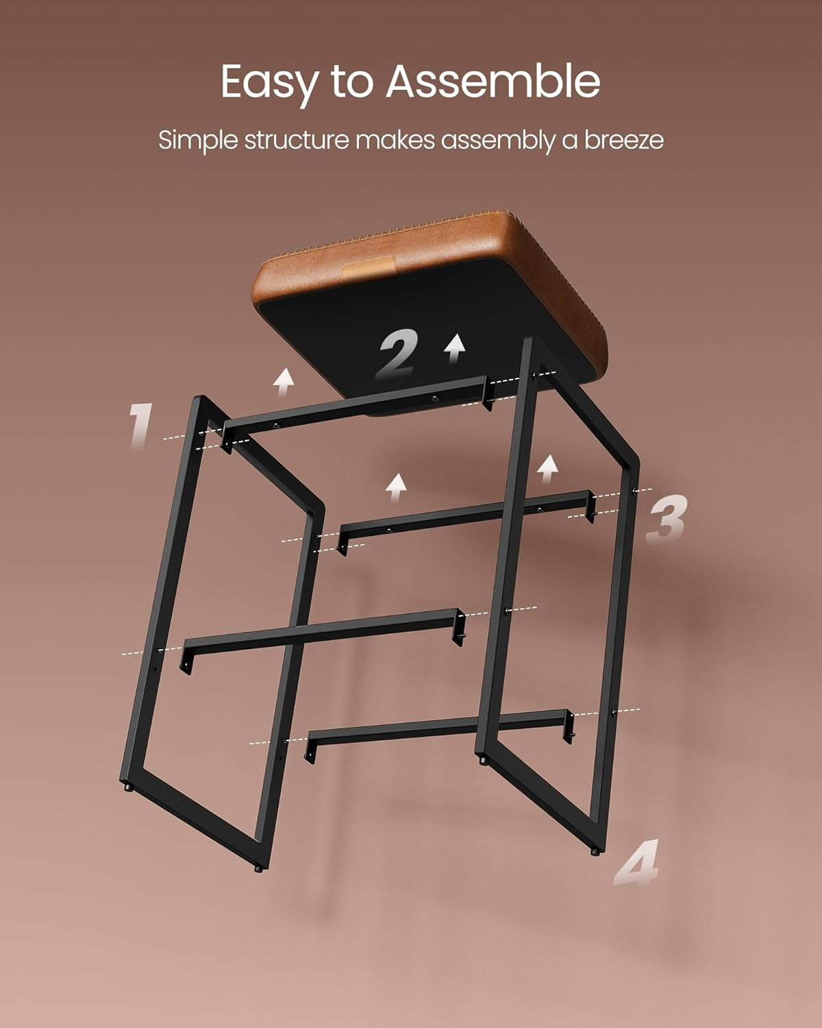Exploded underside view of the stool illustrating numbered assembly steps and where the seat attaches to the frame.