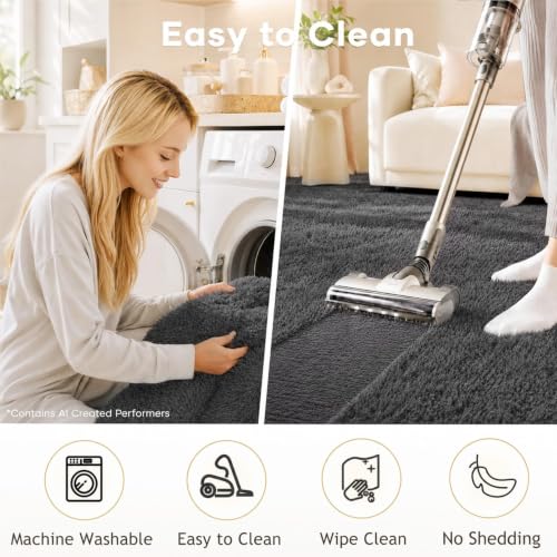 Two-panel image showing a person loading the rug into a washer and a vacuum cleaning the rug surface.