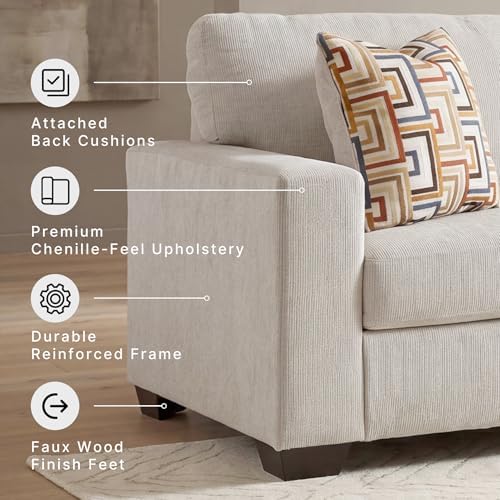 Close-up of sofa arm and feet with overlay icons highlighting premium chenille upholstery and durable reinforced frame