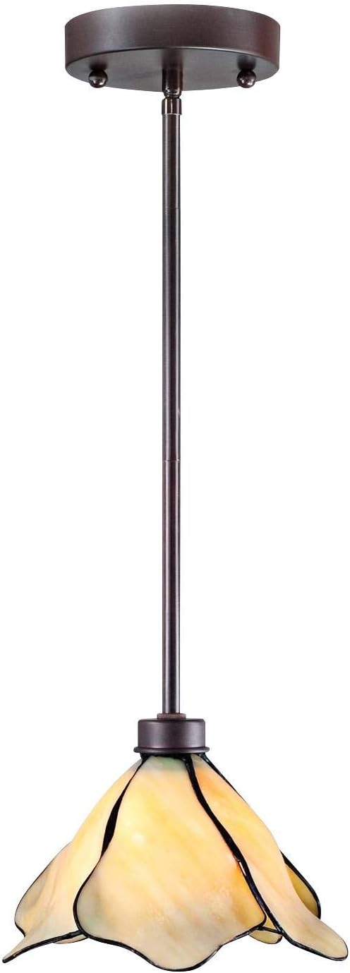 Full view of pendant with bronze-finish round canopy and straight downrod against a white background.