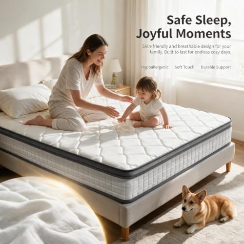 White quilted mattress in a family scene with a mother and child playing on top and a dog resting at the foot of the bed
