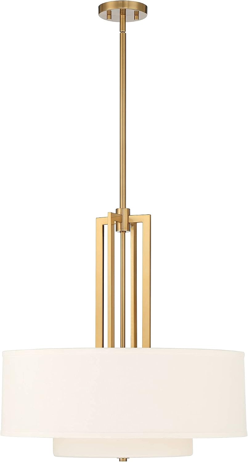 Full front view of gold-finish drum pendant showing the double-layer shade and vertical downrod