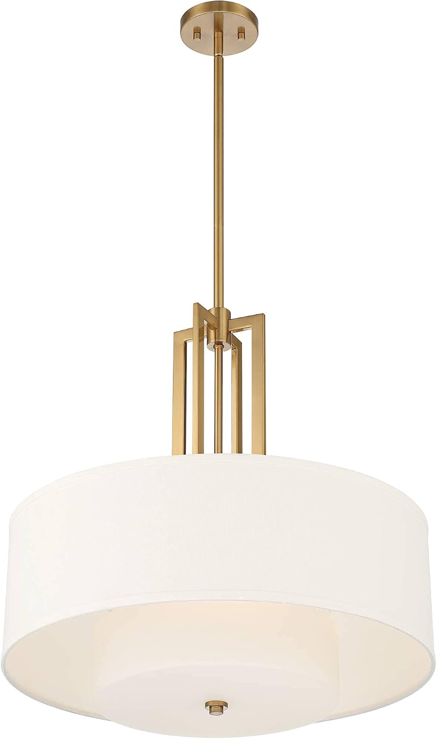 Low-angle view of the gold-finish pendant showing geometric metal support and the off-white outer drum shade